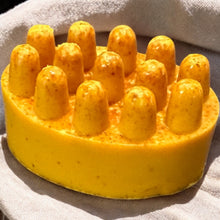 Load image into Gallery viewer, Egyptian Miracles Turmeric and Kojic Acid Soap Massager with Shea Butter Vitamin E Vitamin C Helps with Hyperpigmentation Brightens Skin Dark Spot Remover Free Soap Holder Pack of Two