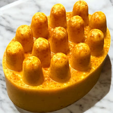 Load image into Gallery viewer, Egyptian Miracles Turmeric and Kojic Acid Soap Massager with Shea Butter Vitamin E Vitamin C Helps with Hyperpigmentation Brightens Skin Dark Spot Remover Free Soap Holder Pack of Two