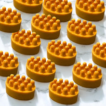 Load image into Gallery viewer, Egyptian Miracles Turmeric and Kojic Acid Soap Massager with Shea Butter Vitamin E Vitamin C Helps with Hyperpigmentation Brightens Skin Dark Spot Remover Free Soap Holder Pack of Two